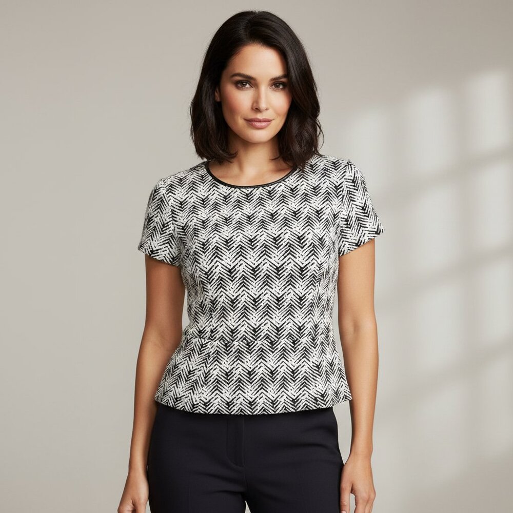 Liz Claiborne XL Women's Top Black White Peplum Retro Career Knit Chic Mod